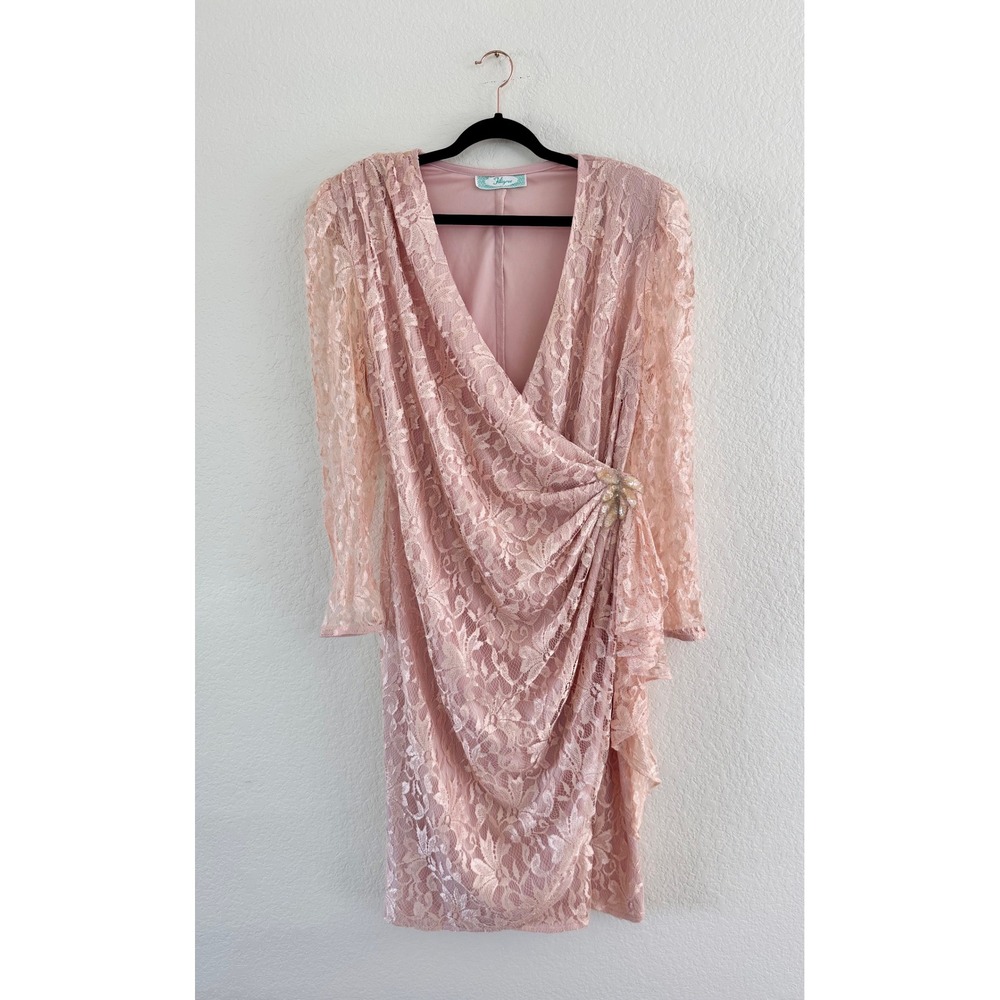 Filigree Womens Vintage Style Pink Lace Wrap Midi Dress Long Sleeve Sequin